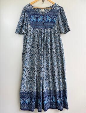 Vintage Daffodil Blue Cotton Boho Elephant Floral Midi Lounger House Dress XL